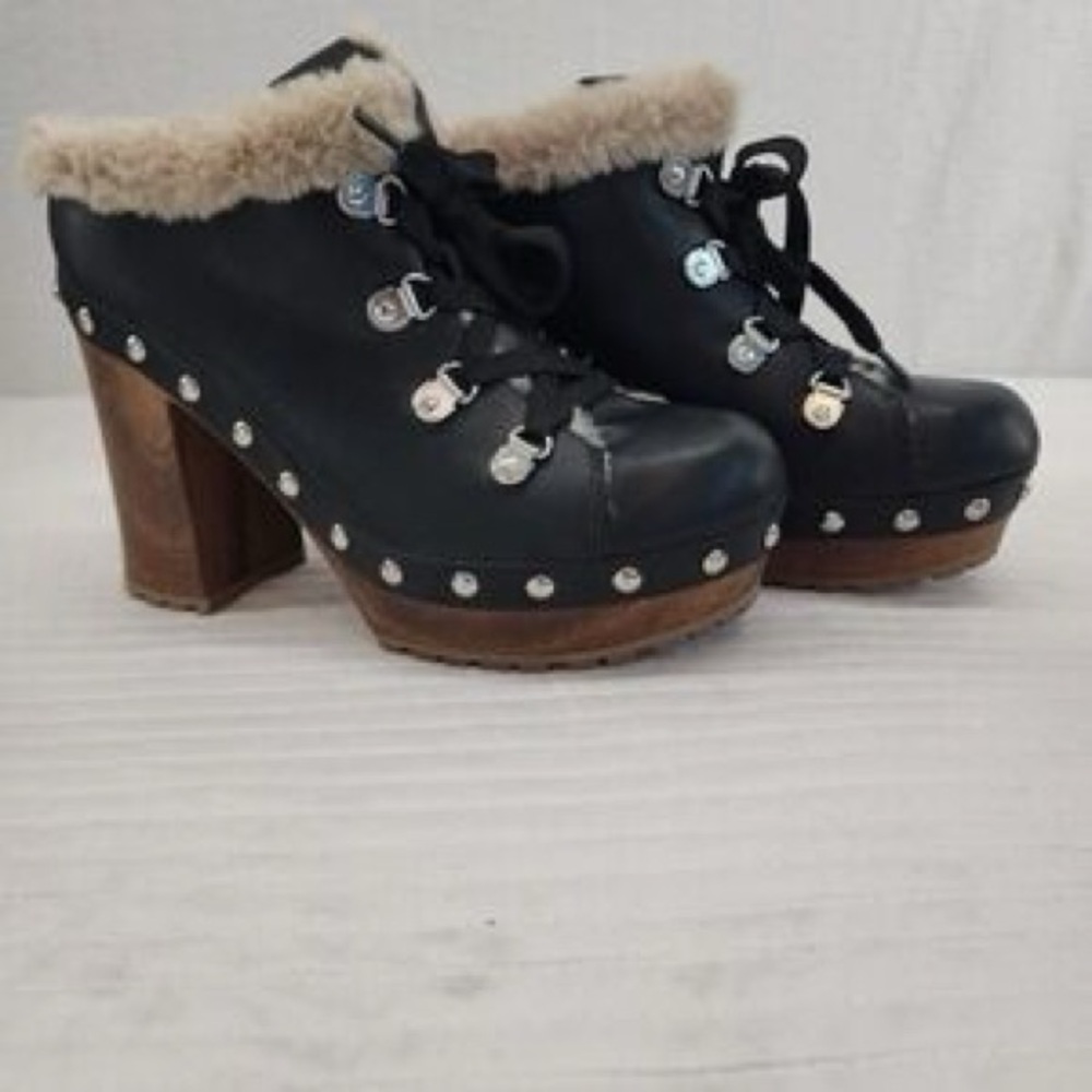 Guess Black and Brown Fur-Trimmed Heeled Boots